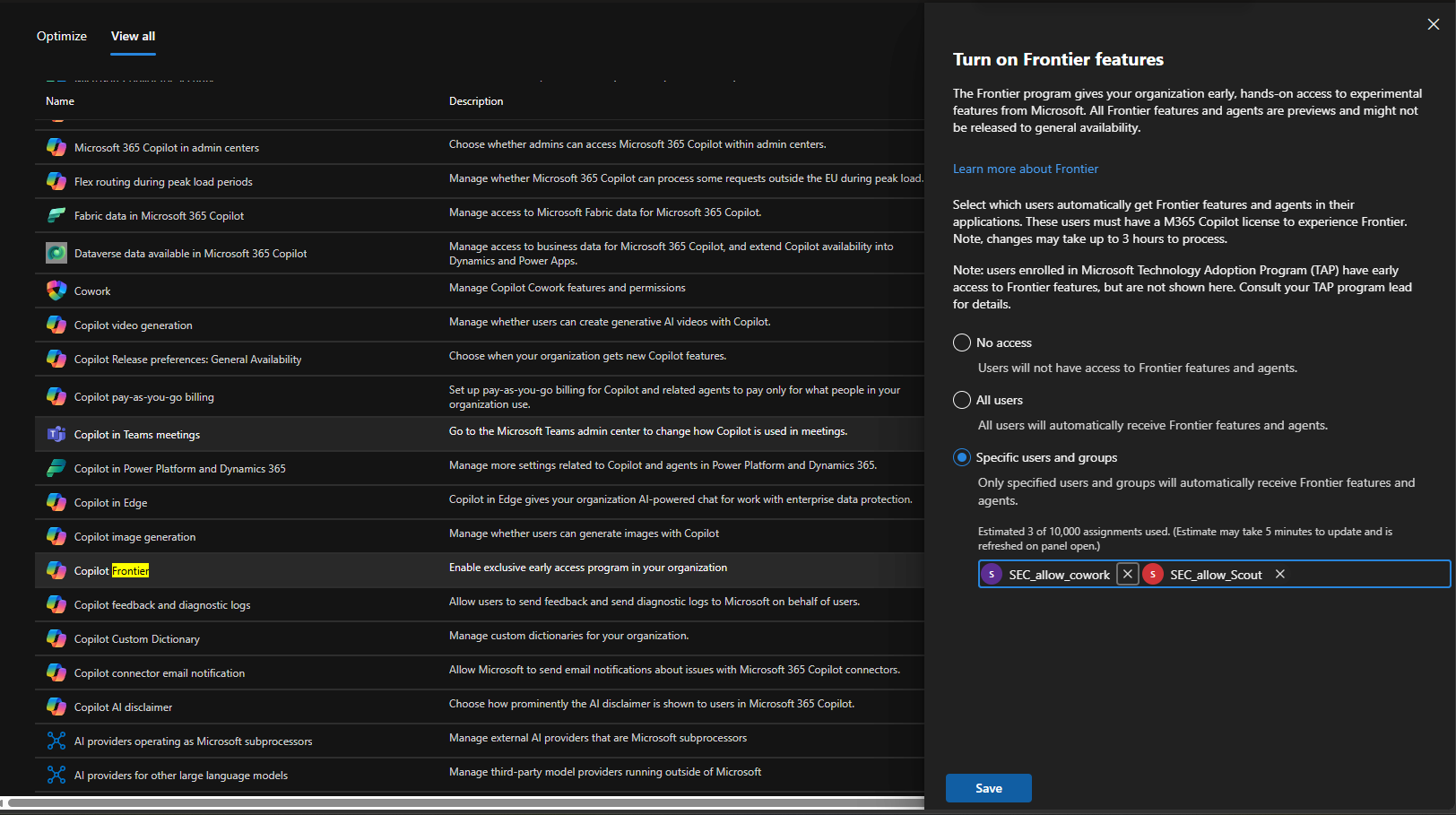 Turn on Frontier features panel in the Microsoft 365 admin center, with Specific users and groups selected