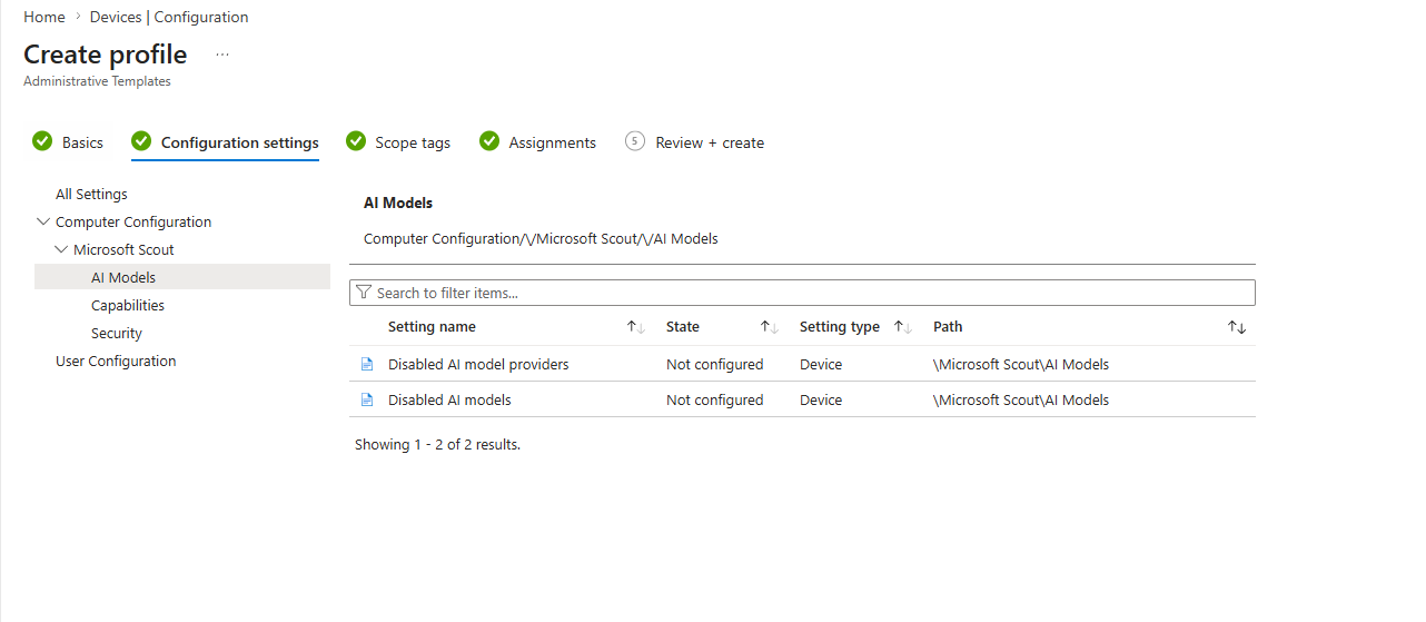 AI Models settings in Intune