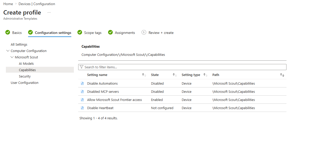 Capabilities settings in Intune
